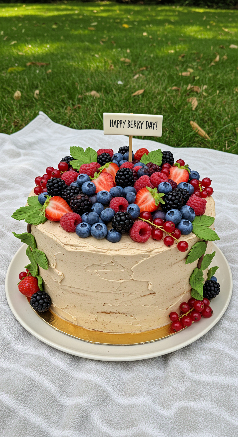 Einfache Torte mit üppigem Topping aus gemischten Wildbeeren.