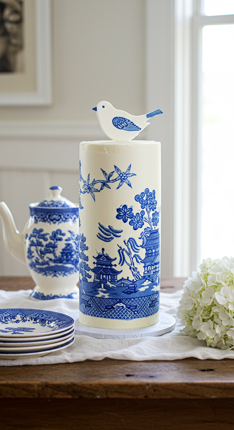 Hohe weiße Torte mit blauem Chinoiserie-Muster, ähnlich Delfter Porzellan, und einem weißen Vogel-Topper.