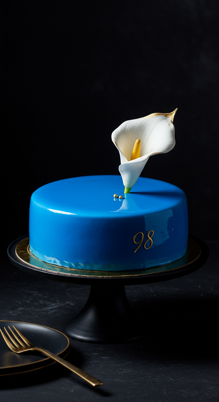 Kuchen mit blauer Spiegelglasur, Calla-Lilie und goldener Zahl 98.