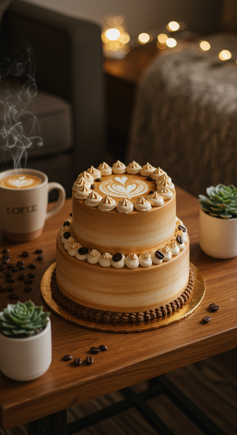 Zweistöckige kaffeefarbene Torte mit Latte-Art-Dekor und Kaffeebohnen.