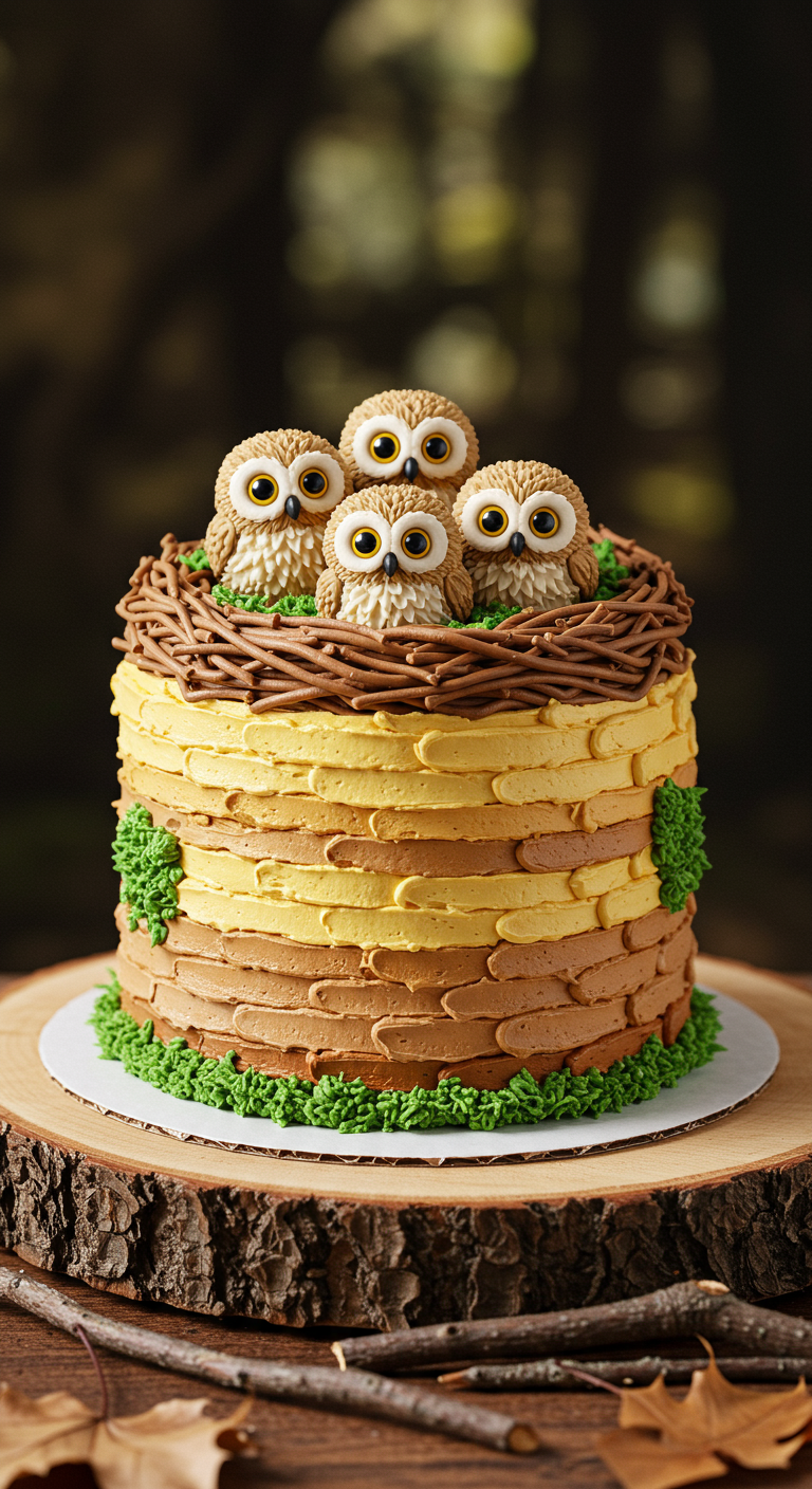 Torte in Baumstamm-Optik mit einem Nest und vier Eulenküken aus Fondant.