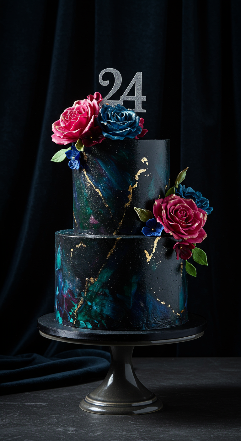 Zweistöckige, dunkle Torte mit blau-pink-türkisen Farbverwirbelungen, Goldakzenten und bunten Rosen.