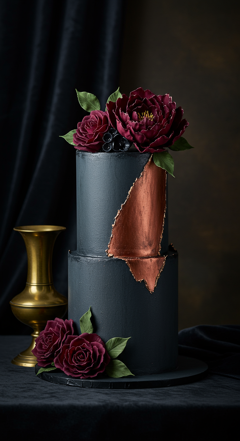 Zweistöckige schwarze Torte mit kupferfarbenem