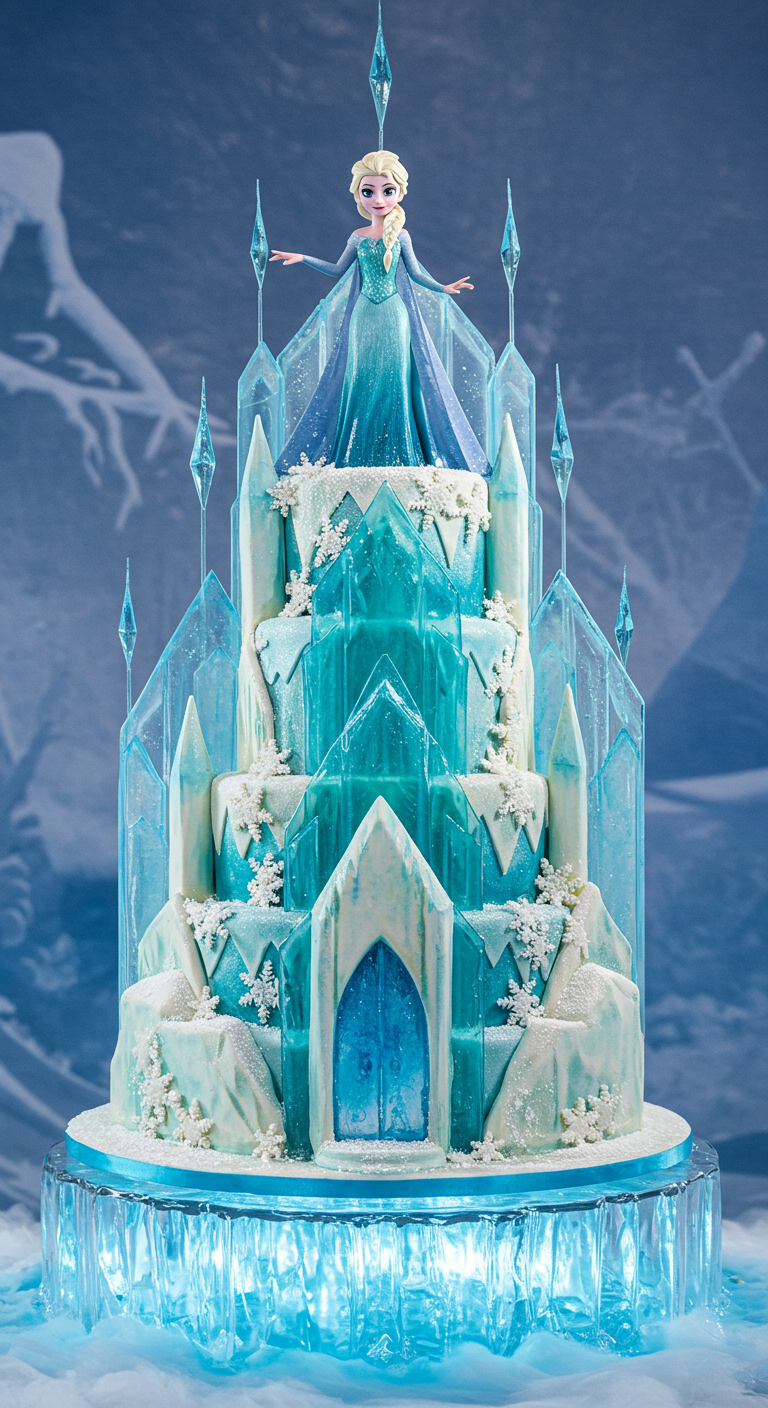 Mehrstöckige Eiskönigin-Torte als Eispalast mit Elsa-Figur.
