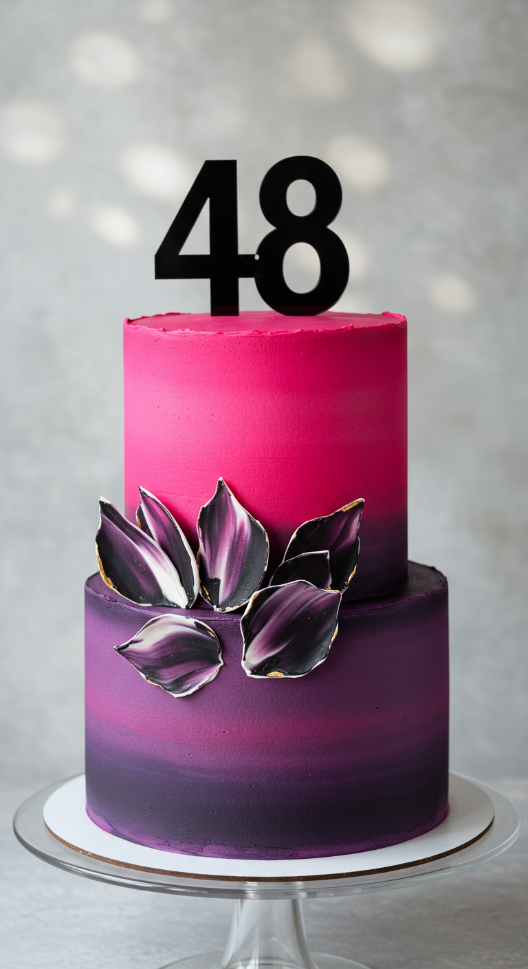 Zweistöckige Torte mit Pink-Lila-Farbverlauf, verziert mit schwarz-weißen Blütenblättern mit Goldrand.