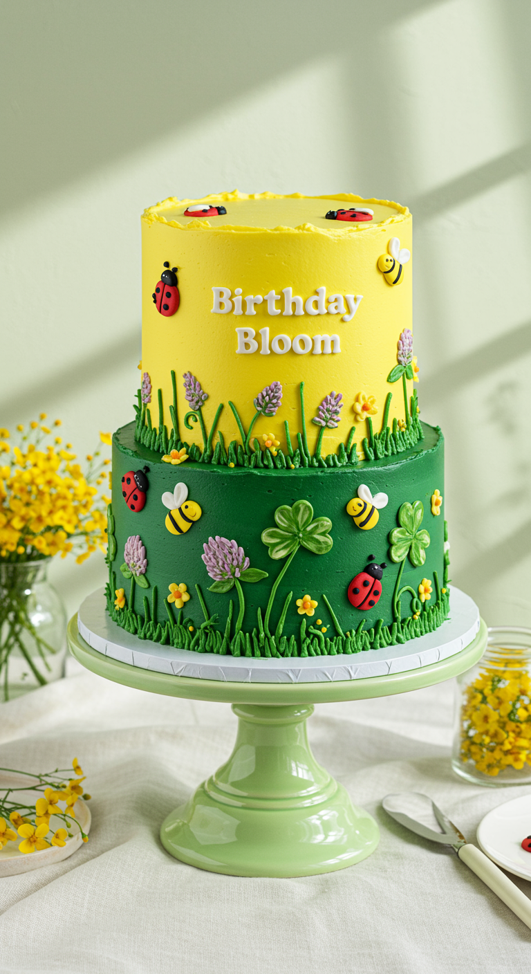 Zweistöckige Torte in Gelb und Grün mit Marienkäfern, Bienen und Kleeblättern.