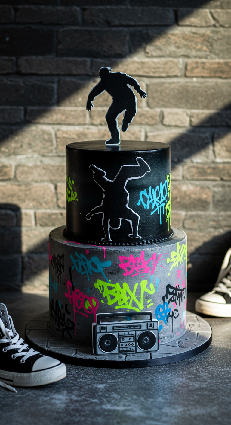 Zweistöckige Torte mit Graffiti, Breakdancer-Silhouetten und Ghettoblaster-Deko.