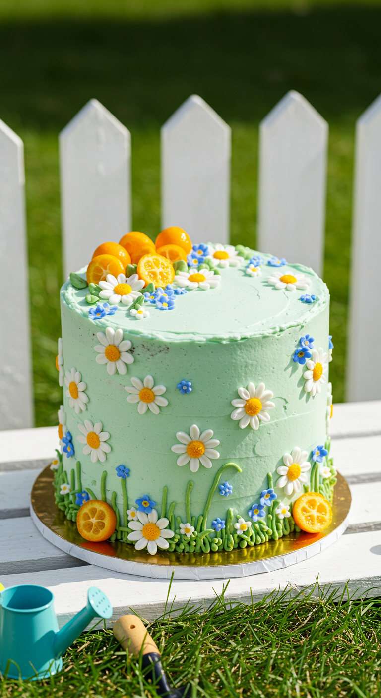 Mintgrüne Torte mit aufgespritzten Gänseblümchen, blauen Blümchen und halbierten Kumquats.