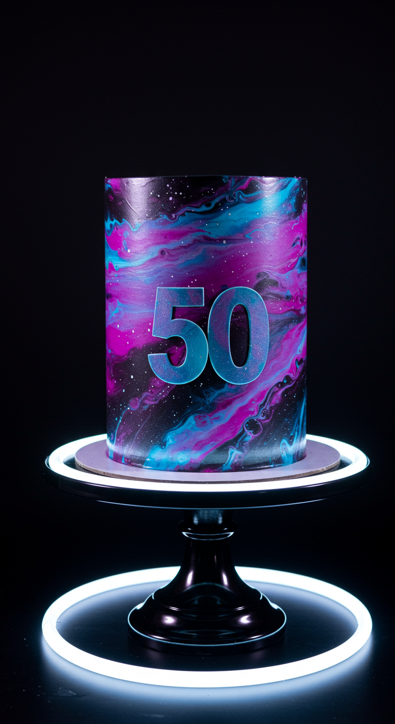 Zylindrische Torte mit galaktischem Muster in Pink, Blau, Türkis und Schwarz mit '50'.