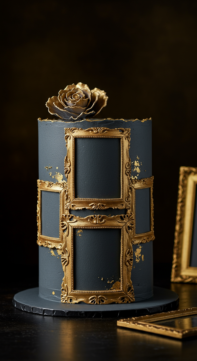 Dunkelgraue Torte, dekoriert mit leeren goldenen Barock-Bilderrahmen und einer goldenen Rose.