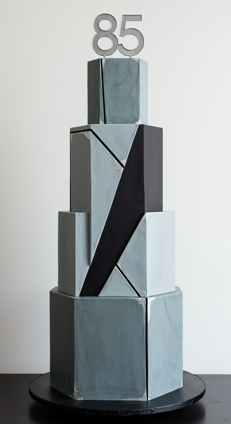 Hohe, mehrstöckige Torte aus geometrisch angeordneten Blöcken in Grau und Schwarz.