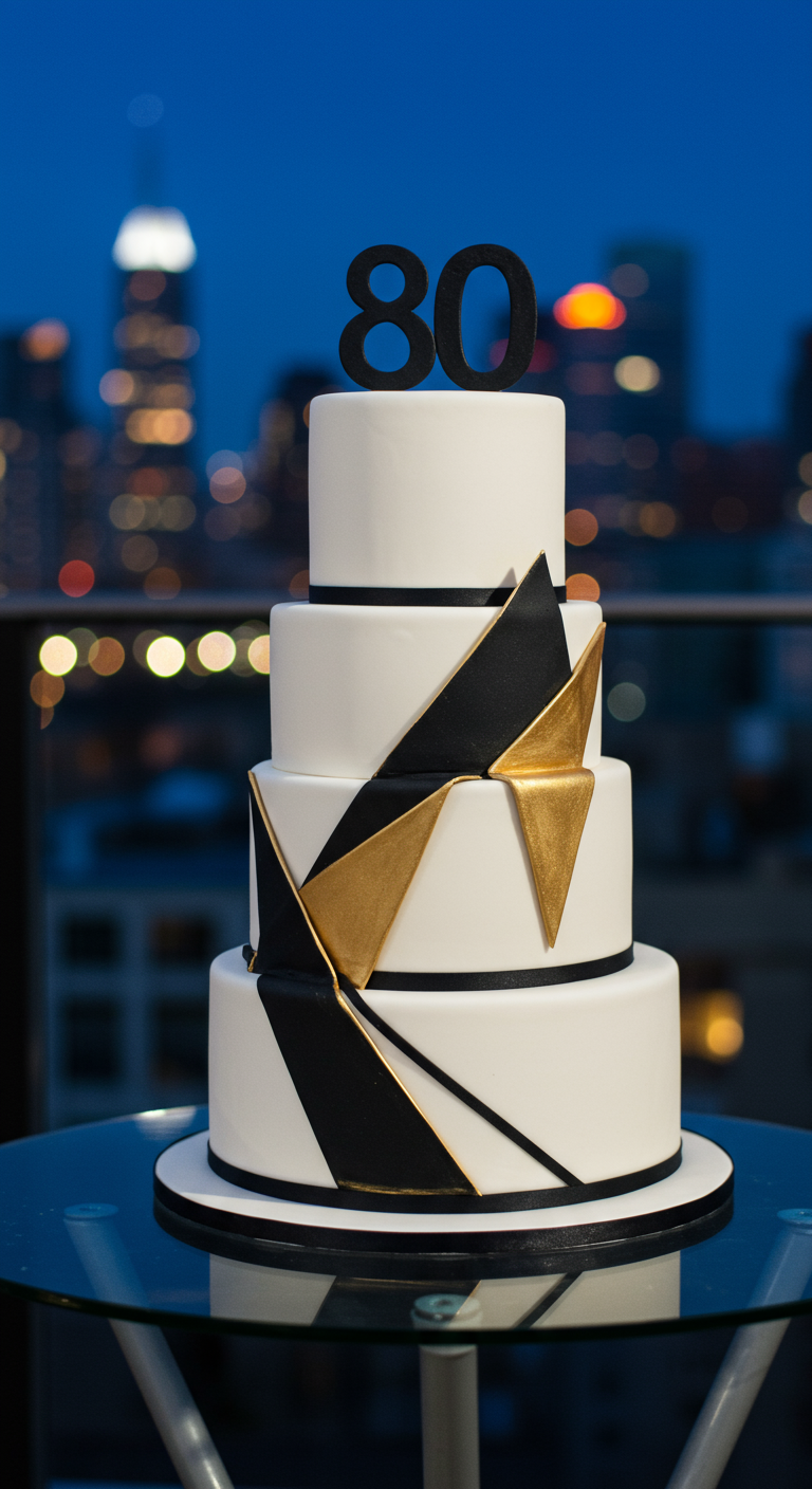 Vierstöckige weiße Torte mit schwarzen Bändern und gold-schwarzen geometrischen Akzenten.