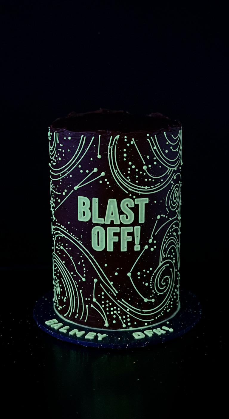 Schwarze Torte mit 'BLAST OFF!' und leuchtenden Sternenmustern im Dunkeln.