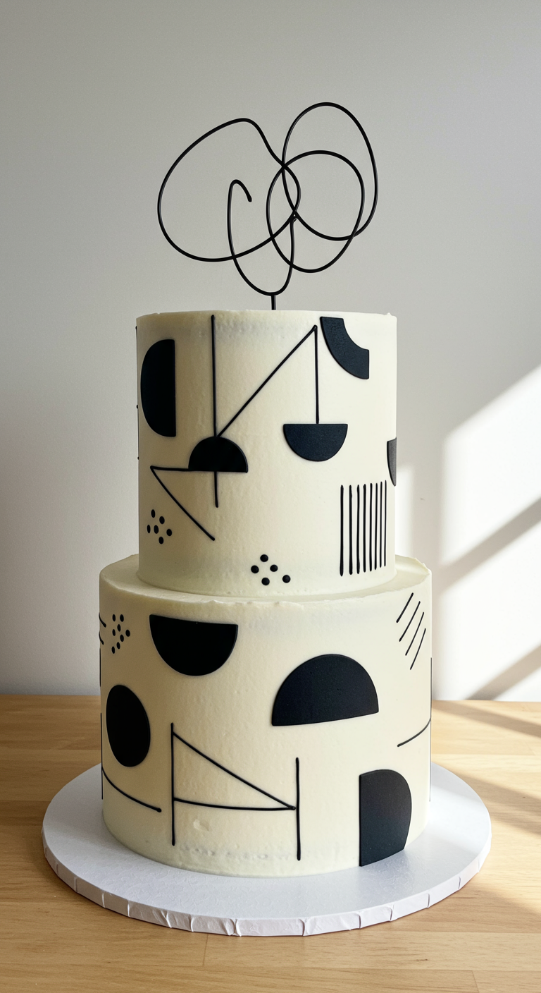 Zweistöckige weiße Torte mit abstrakten schwarzen geometrischen Formen und Linien, plus Draht-Topper.