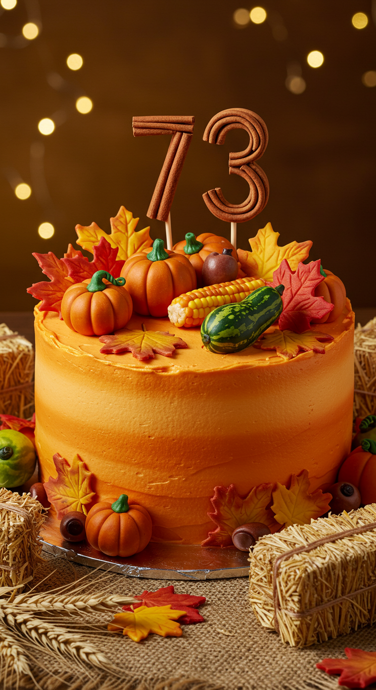 Orange Torte dekoriert mit herbstlichen Elementen wie Kürbissen und Blättern.
