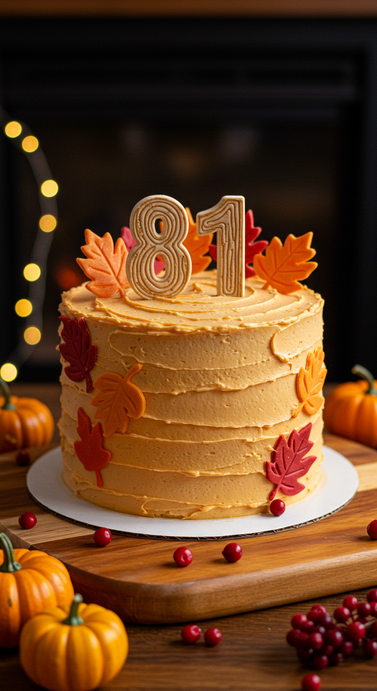 Orangefarbene Torte mit bunten Herbstblättern aus Fondant und 81-Topper.