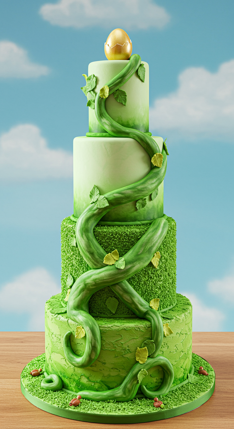 Grüne mehrstöckige Torte mit Bohnenranke und goldenem Ei