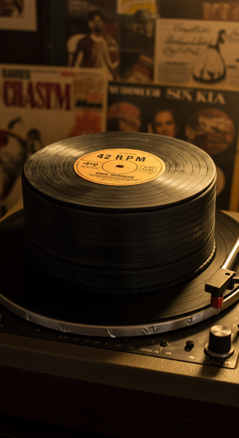 Torte in Form einer schwarzen Schallplatte mit gelbem Label '42 RPM' auf Plattenspieler.