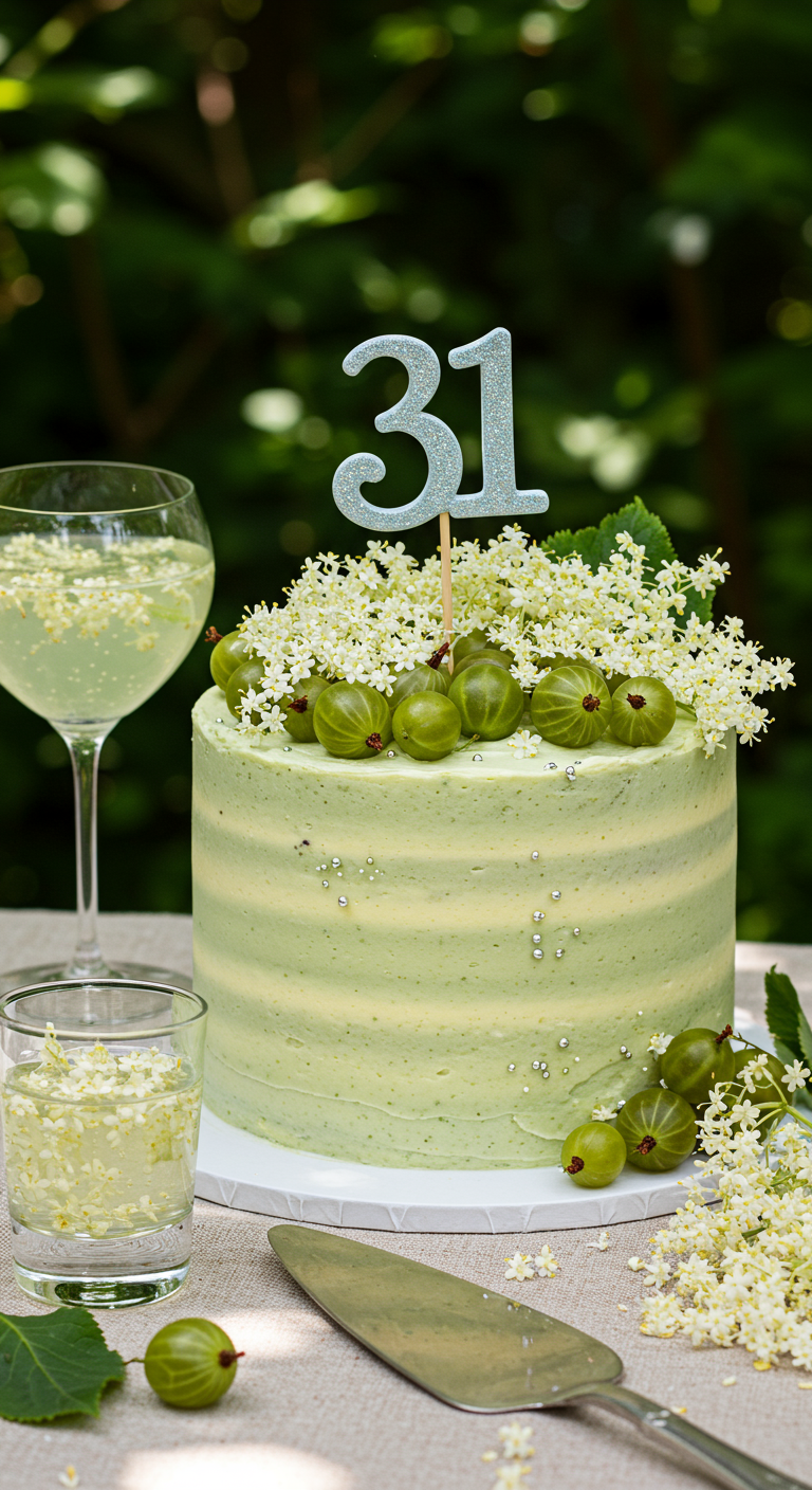 Hellgrüne Torte mit Stachelbeeren, Holunderblüten und „31“-Topper.