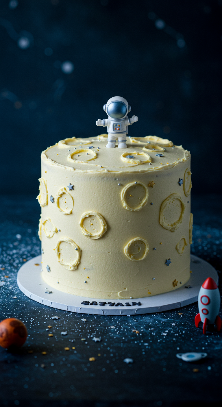 Gelbe Buttercreme-Torte als Mondoberfläche gestaltet, mit Astronautenfigur.