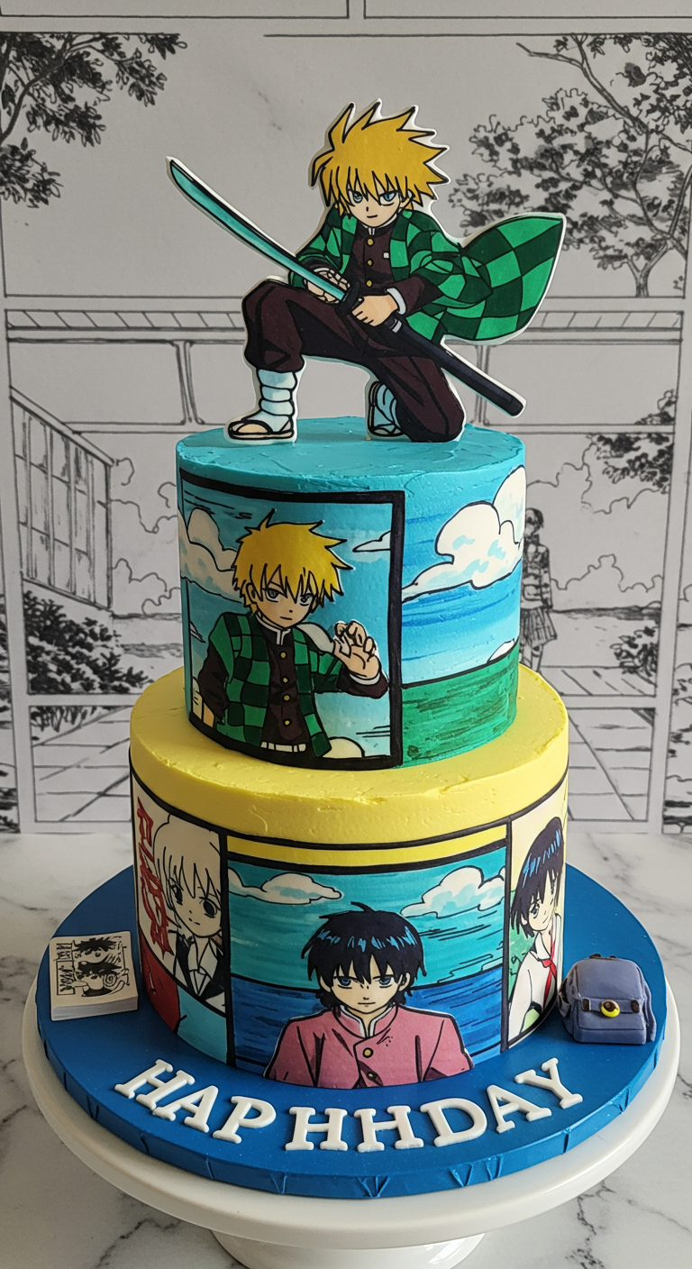 Zweistöckige Torte mit aufgedruckten Manga-Panels und Anime-Figur-Topper.