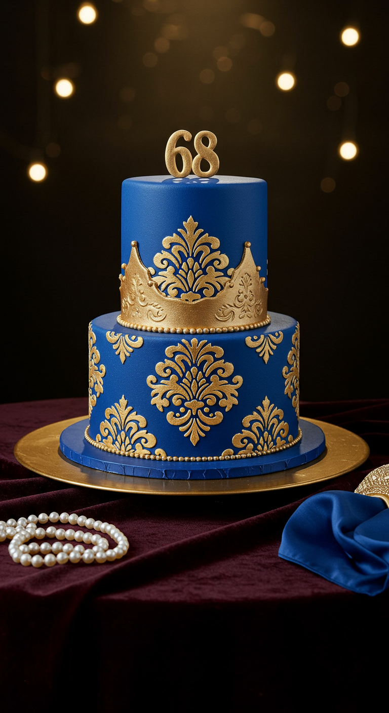 Zweistöckige königsblaue Torte mit goldenen Barock-Ornamenten und Krone.