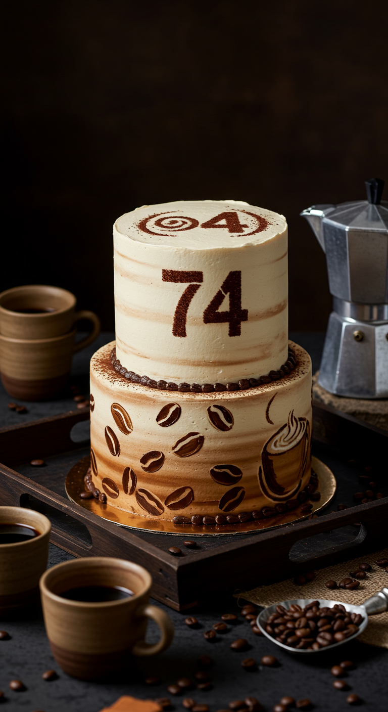 Zweistöckige Kaffeetorte mit Kaffeebohnen-Motiven und Zahl 74 aus Kakaopulver.