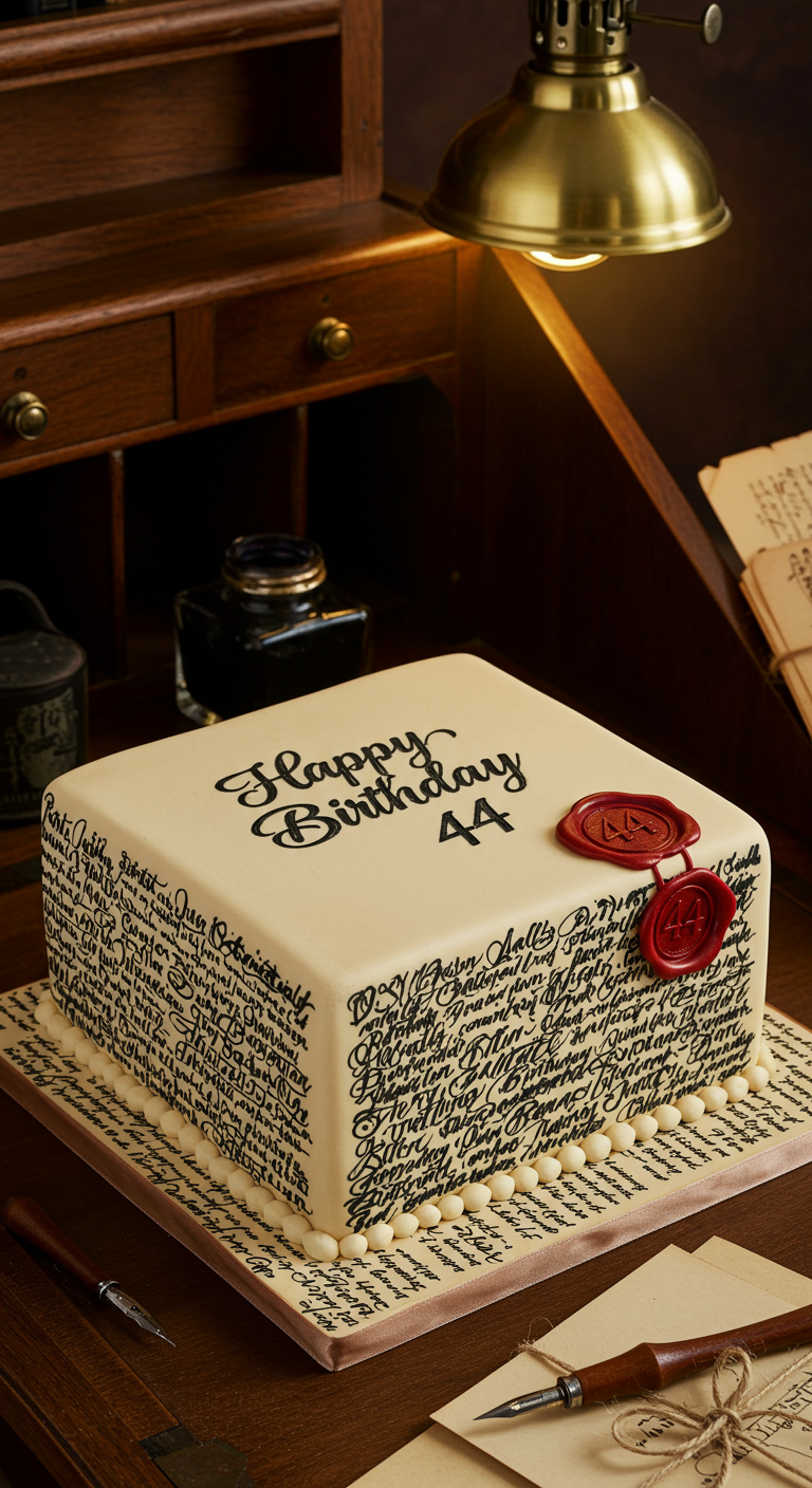 Quadratische Torte, die wie ein handgeschriebener Brief aussieht, mit Kalligrafie und Wachssiegel.