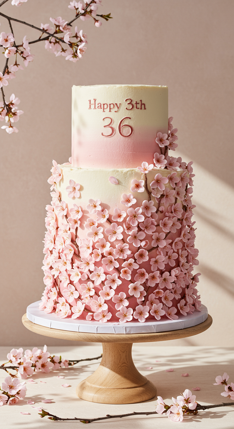 Zweistöckige Torte mit rosa Ombré und einer Fülle von rosa Zucker-Kirschblüten.