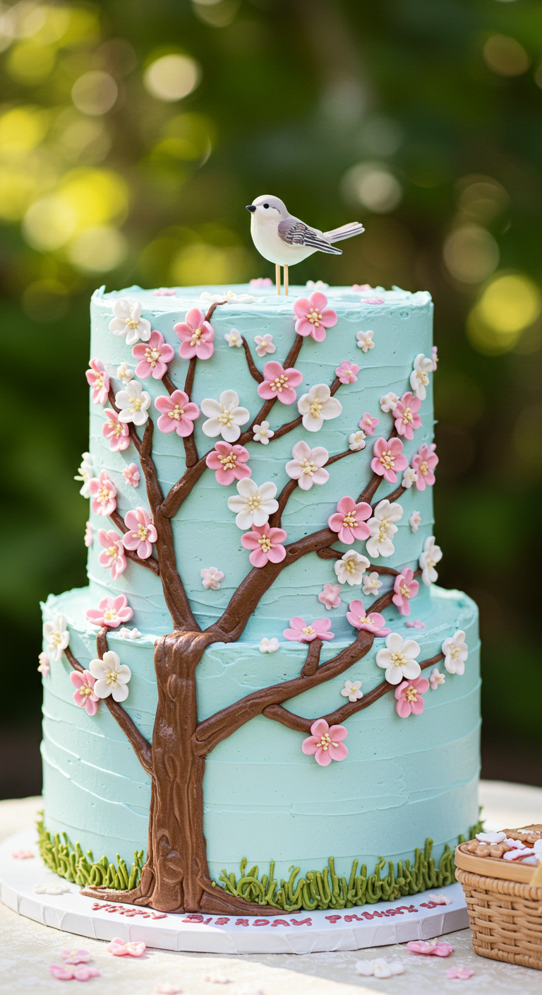 Hellblaue zweistöckige Torte mit einem aufgemalten Kirschblütenbaum und einem Vogel-Topper.