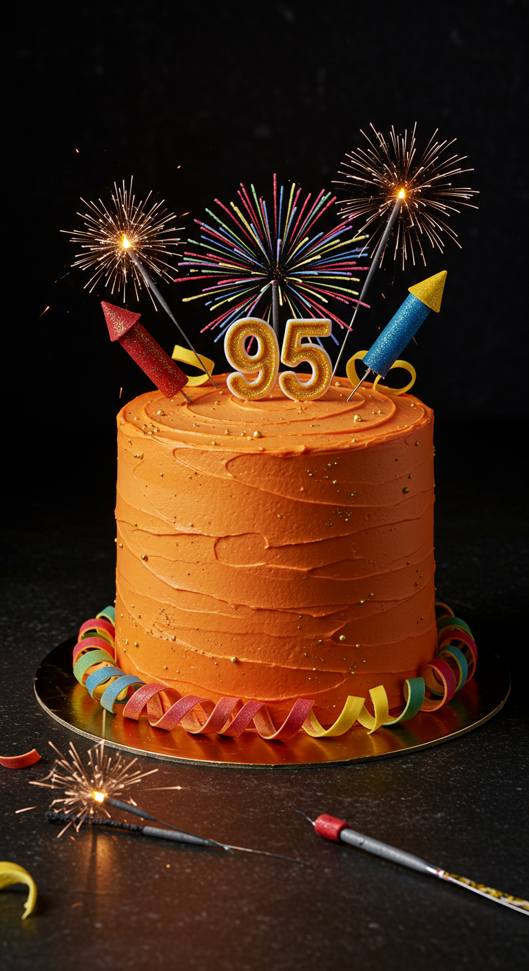 Orangefarbene Torte mit Fondant-Feuerwerk, Wunderkerzen und „95“-Topper.