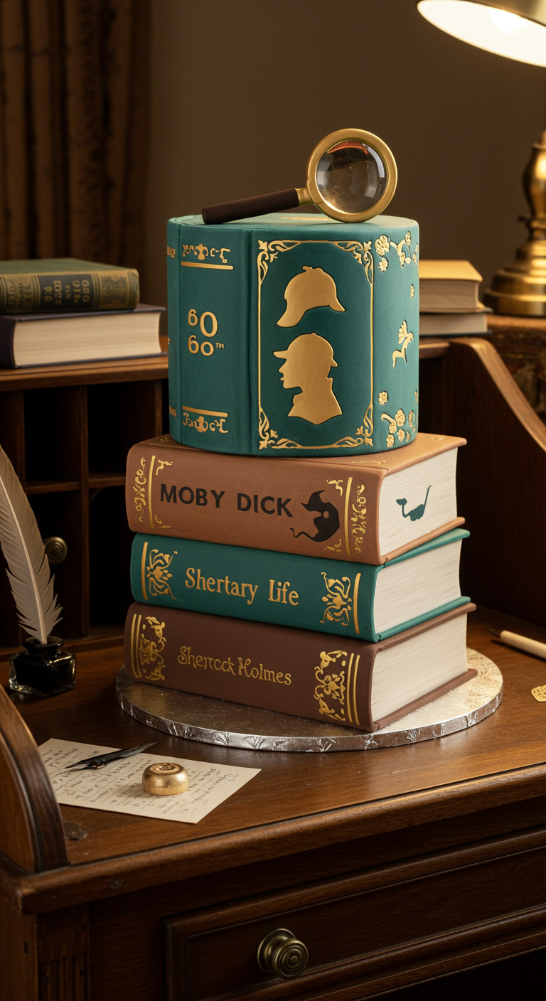 Torte als Bücherstapel mit Sherlock-Holmes-Thematik und Lupe.