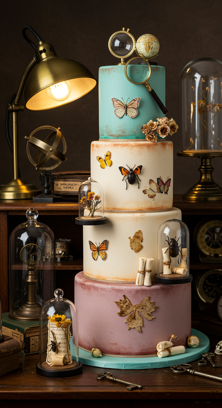Mehrstöckige Torte im Stil eines Kuriositätenkabinetts mit Insekten und Mini-Glaskuppeln.
