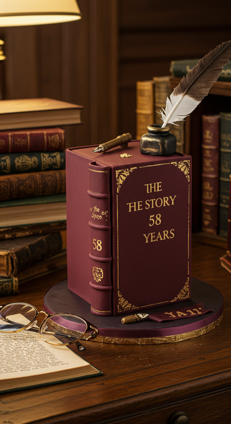 Torte in Form eines aufgeschlagenen Buches mit dem Titel „The Story 58 Years“.