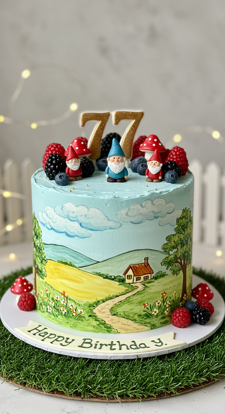 Hellblaue Torte mit gemalter Landschaft, Wichtelfiguren, Beeren und goldener 77.