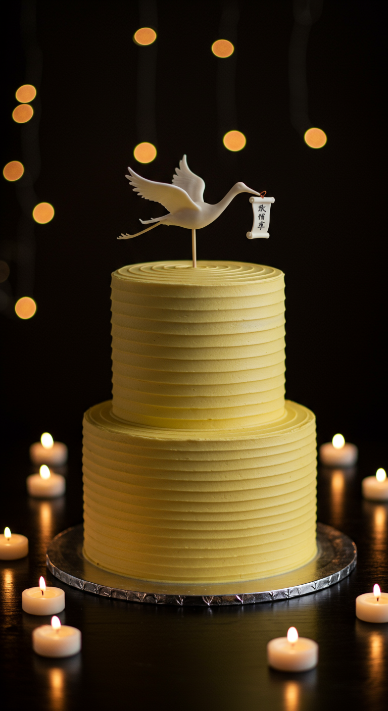 Zweistöckige gelbe Torte mit feinen Rillen und einem weißen Storch als Topper.