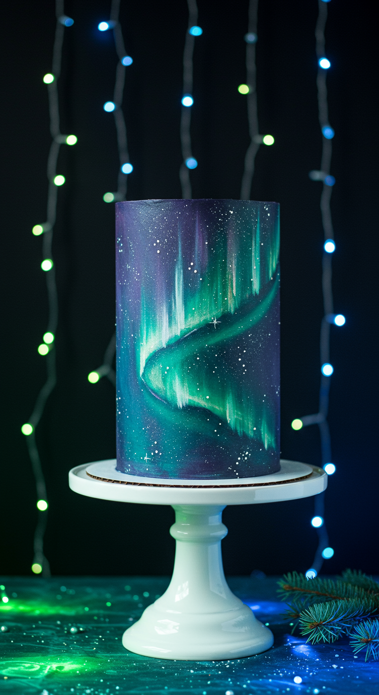 Hohe Torte bemalt mit einem leuchtenden Nordlicht-Effekt in Grün, Blau und Lila.