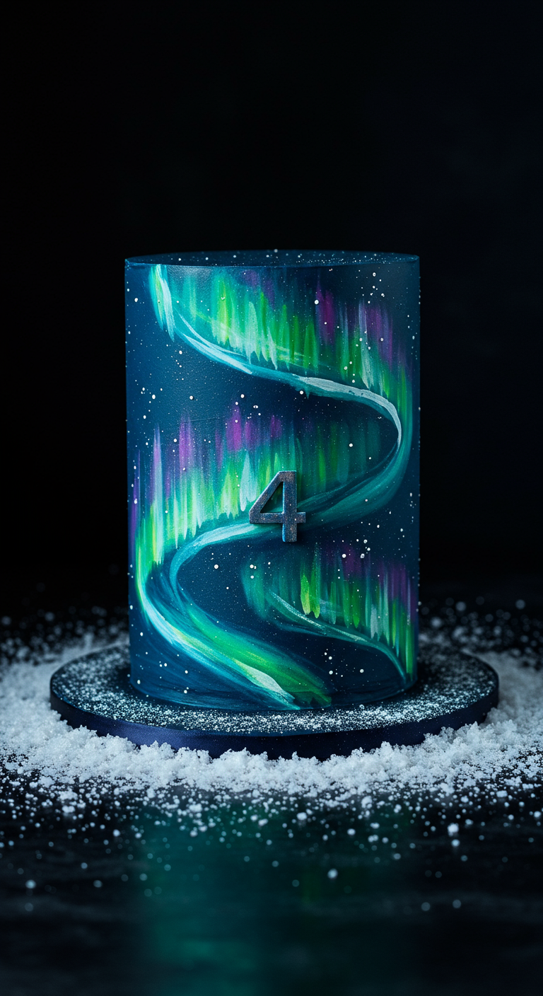Dunkelblaue Torte mit aufgemalten grünen und lila Nordlichtern und Schnee-Effekt.