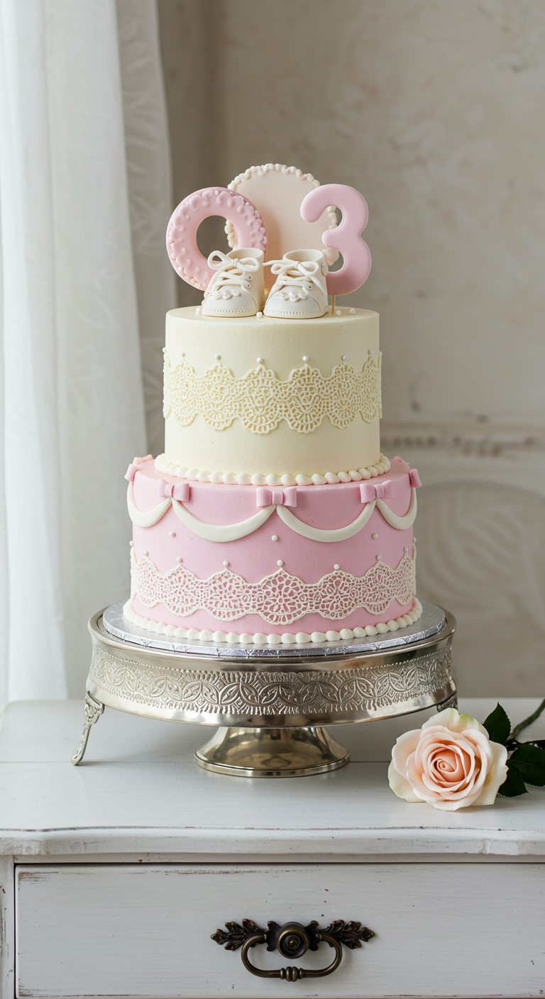 Zweistöckige rosa-weiße Torte mit Fondant-Spitze und Babyschühchen.