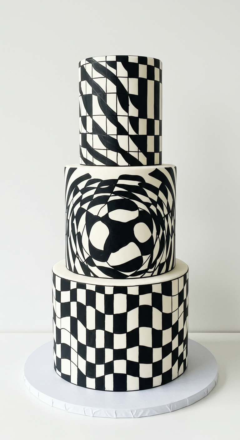 Mehrstöckige Torte mit schwarz-weißen geometrischen Mustern, die optische Täuschungen erzeugen.