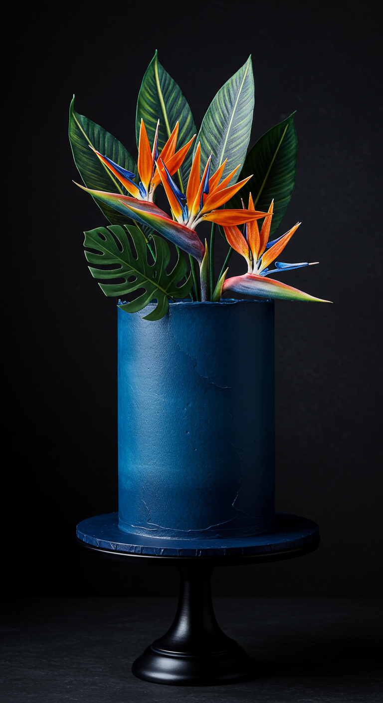 Hohe, dunkelblaue Torte mit einem üppigen Arrangement aus Zucker-Strelitzien und tropischen Blättern.