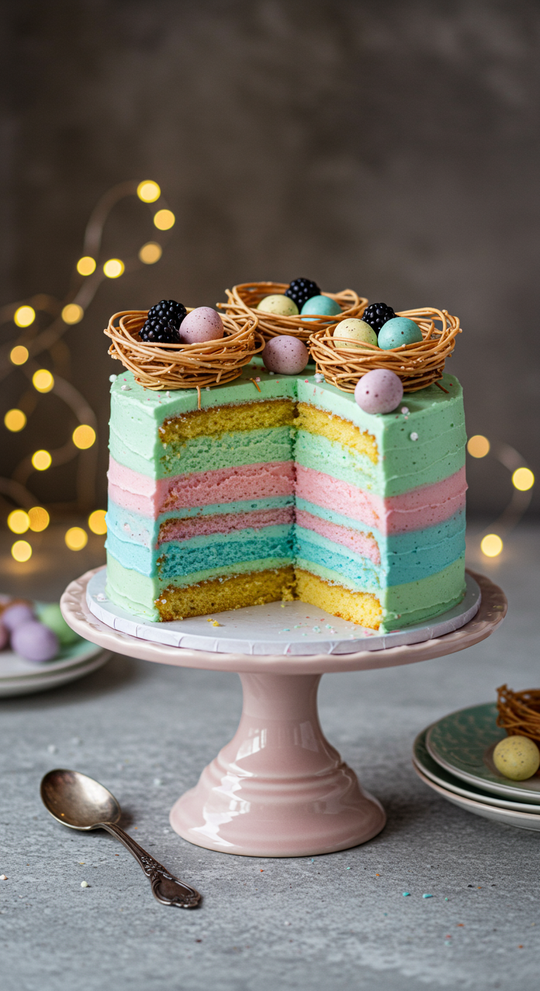 Pastellfarben gestreifte Torte mit buntem Innenleben und kleinen Vogelnestern mit Zuckereiern.