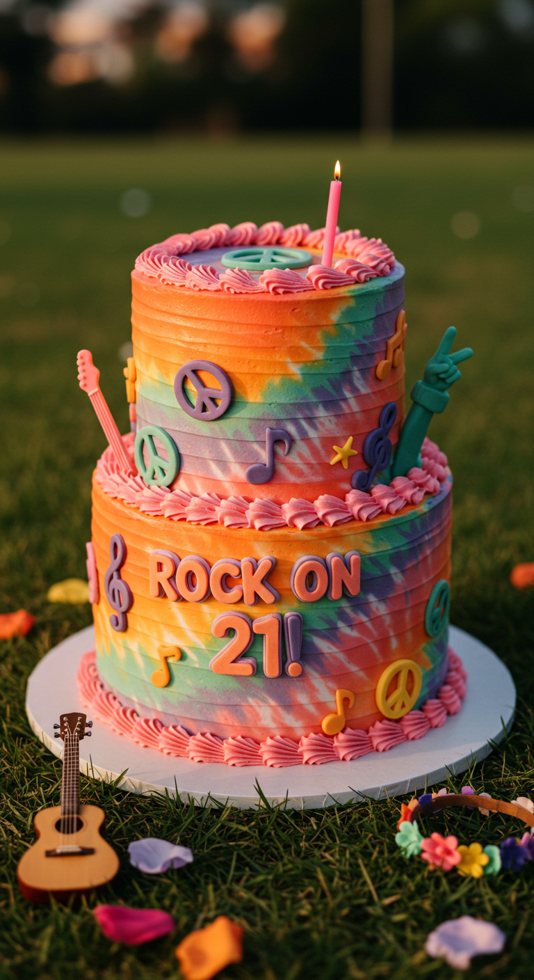 Zweistöckige Torte im bunten Tie-Dye-Look mit Peace-Zeichen und Musiknoten.