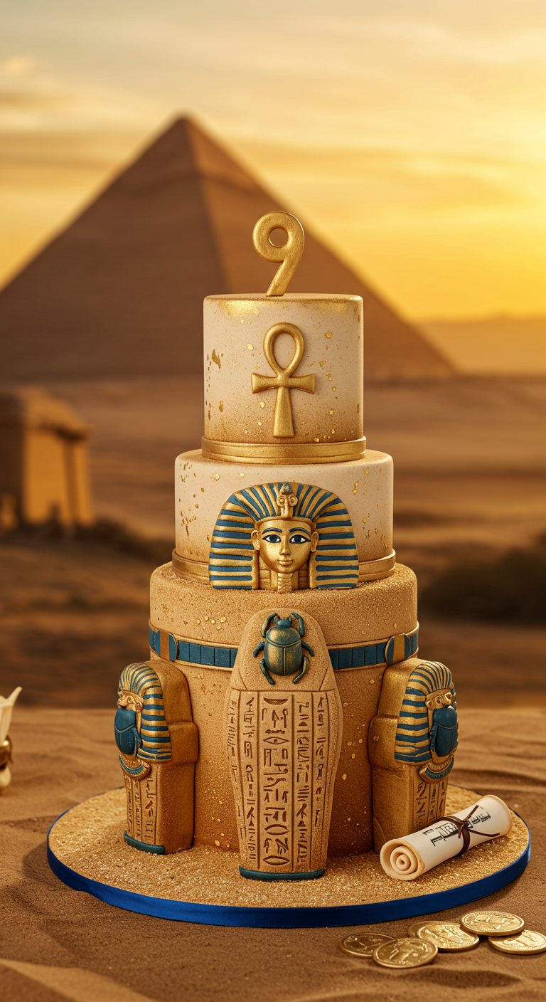 Mehrstöckige Ägypten-Torte mit Hieroglyphen, Pharaonenmaske, Skarabäus und goldenen Details.