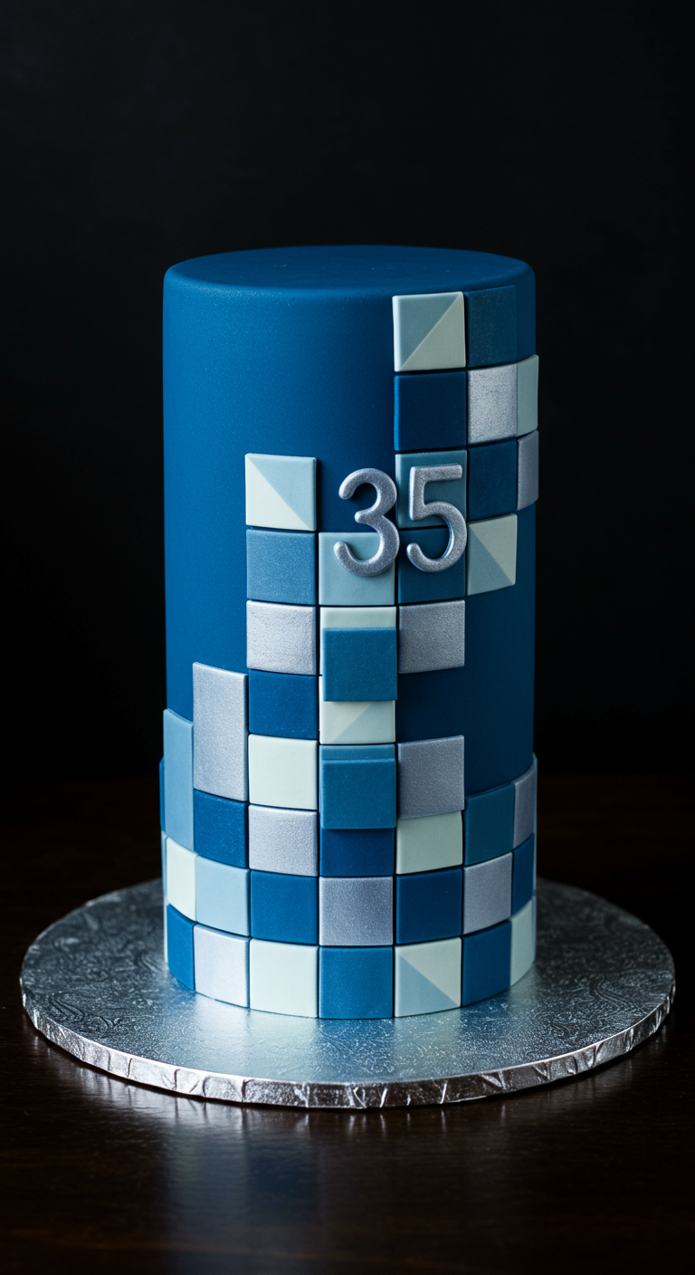 Dunkelblaue Torte mit Pixel-Muster aus blauen, weißen und silbernen Fondant-Quadraten.