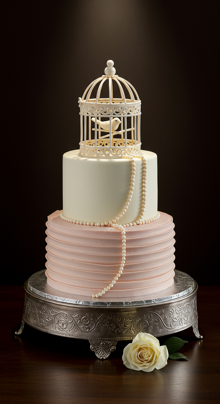 Zweistöckige Torte mit rosa Rüschen unten und weißem Oberteil mit Vogelkäfig-Topper und Perlenkette.