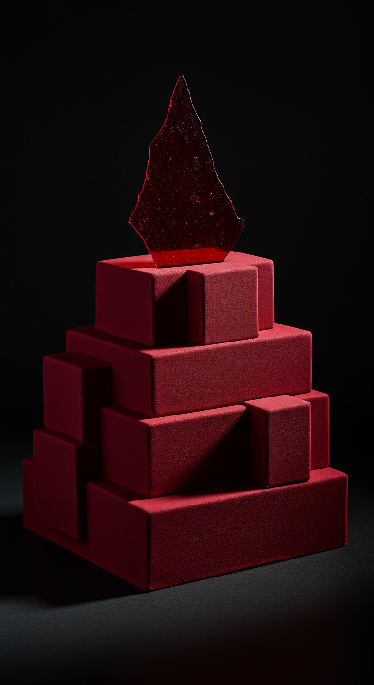 Tiefrote, samtig texturierte Torte aus gestapelten geometrischen Blöcken, mit einer roten Zuckerscherbe als Deko.