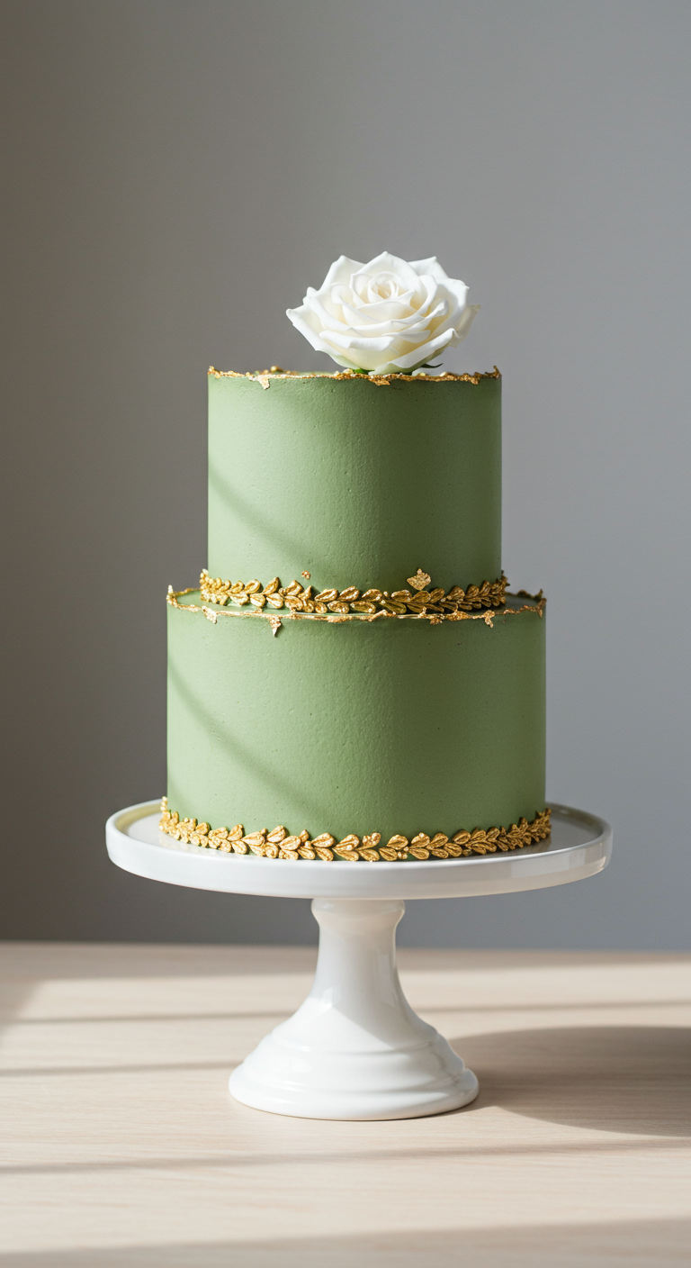 Zweistöckige salbeigrüne Torte mit goldenen Blätterranken und einer weißen Rose.