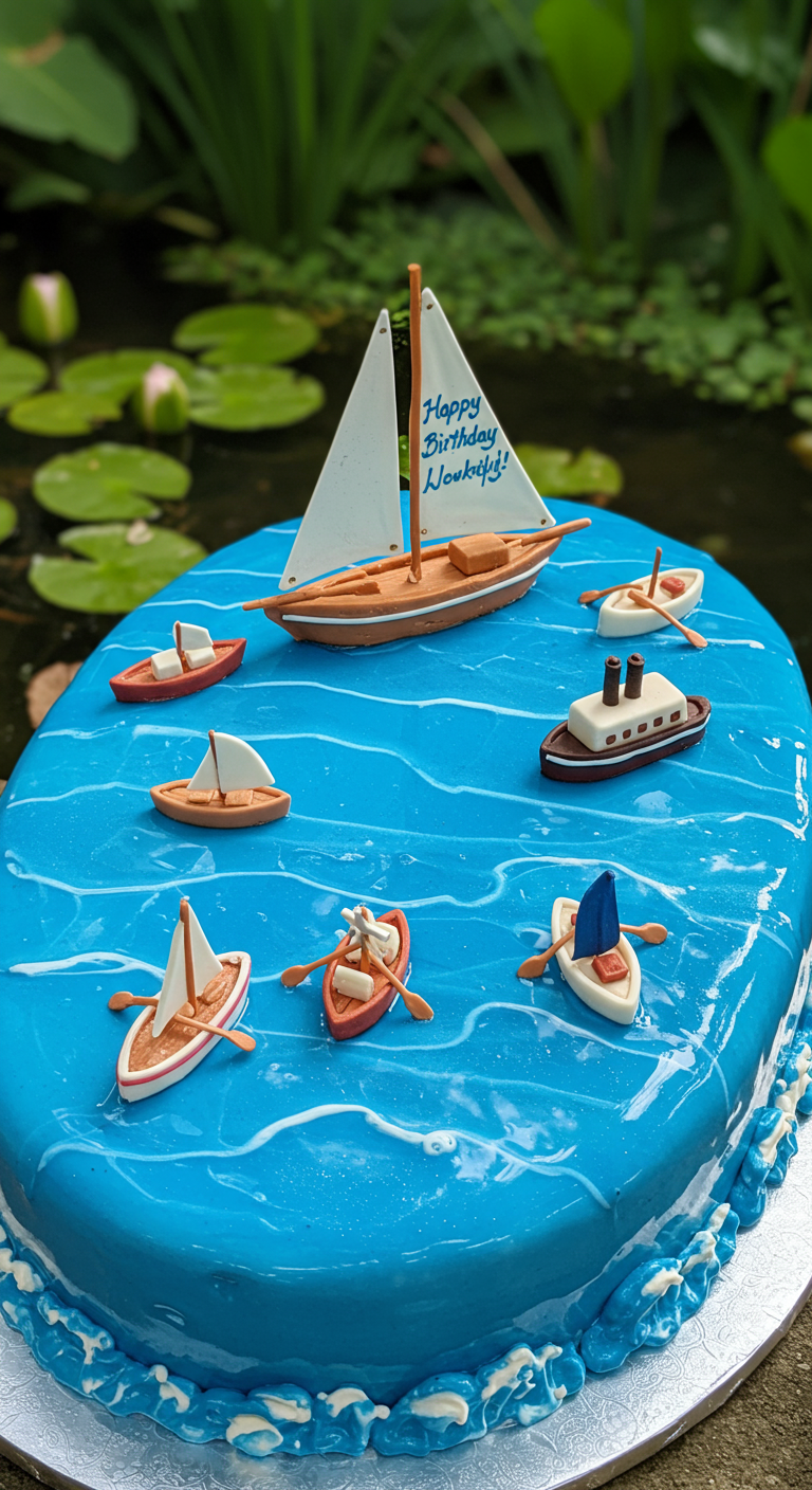 Blaue ovale Torte mit glänzender Oberfläche und kleinen Segelbooten aus Fondant.