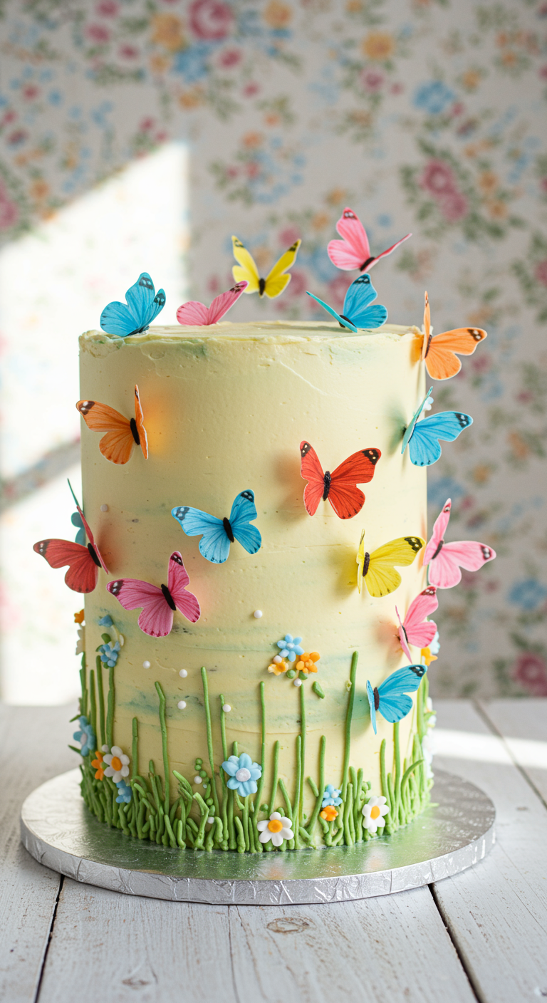 Hellgelbe Torte mit bunten Esspapier-Schmetterlingen und Buttercreme-Gras.